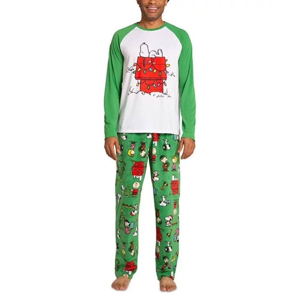 Briefly Stated Men's Peanuts Raglan Pajama Set Green Size M